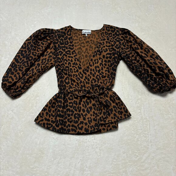 Ganni Tops - Ganni Animal Print V-Neck Blouse Puff Sleeves True Wrap Leopard Size 34 Cotton